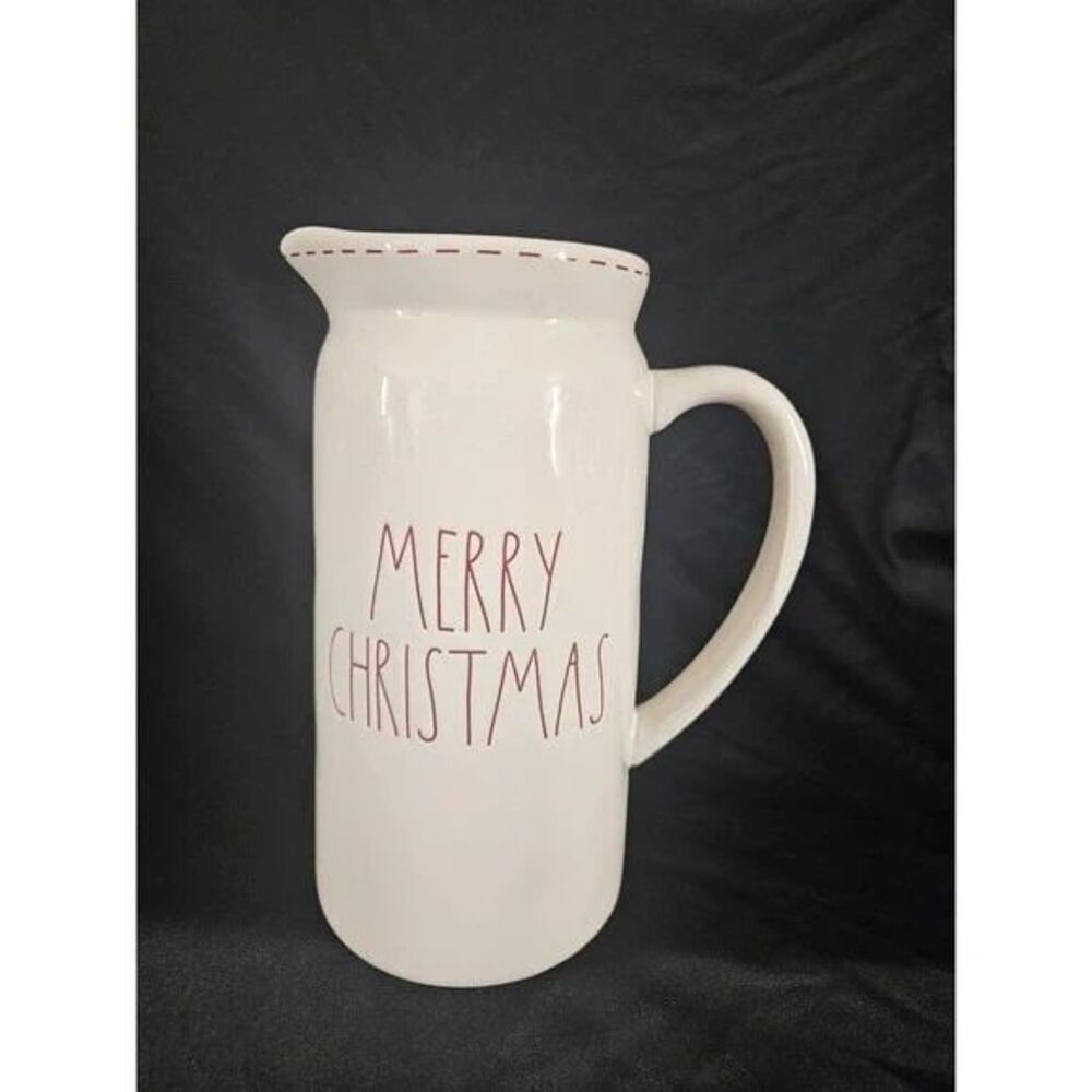 Never Used Rae Dunn Merry Christmas Glossy White Red Tall Ceramic Drink Pitcher